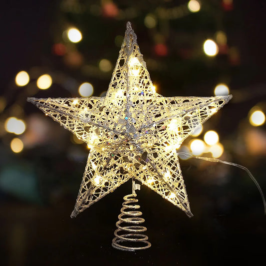 Árvore de natal pentagrama decoração requintado ferro glitter em pó decoração da árvore de natal topo led estrela iluminação adereços