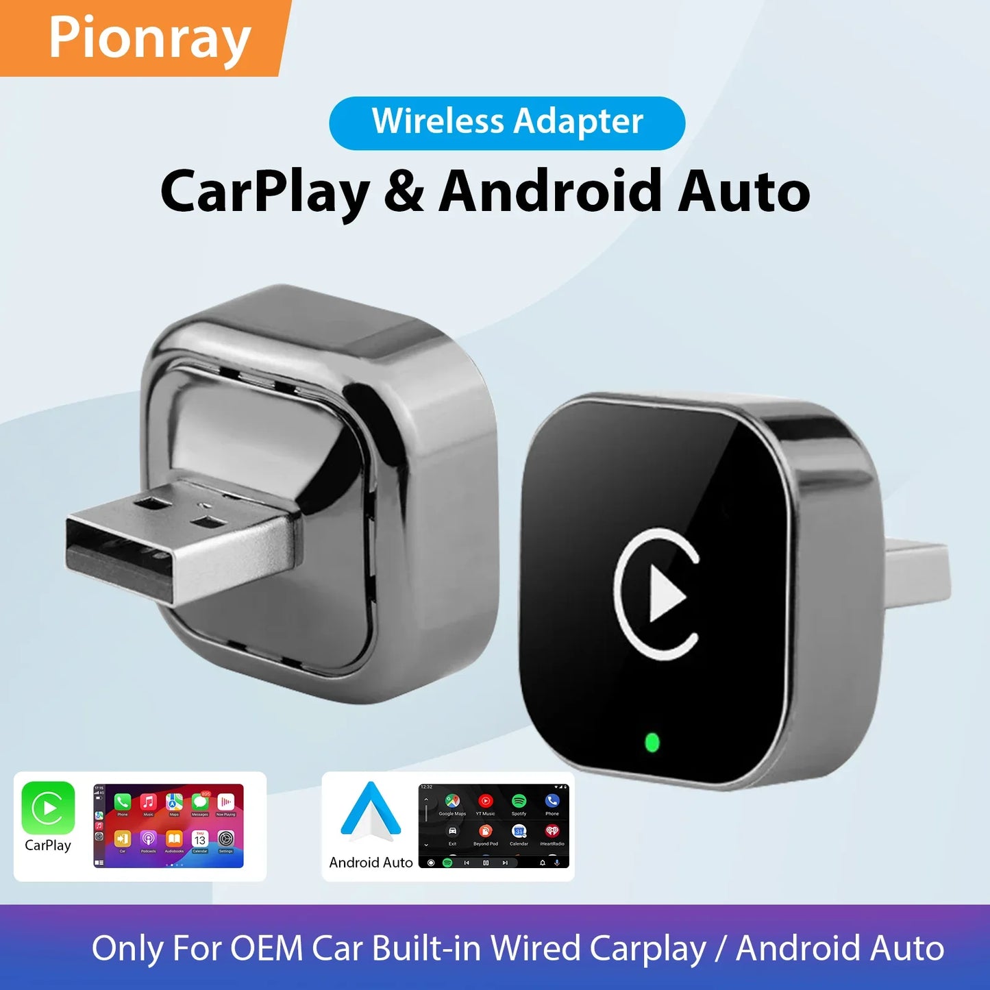 Novo 2026 pionray 2 em 1 adaptador carplay sem fio e adaptador sem fio android automático, 5ghz wifi tipo-c/usb plug play carplay sem fio