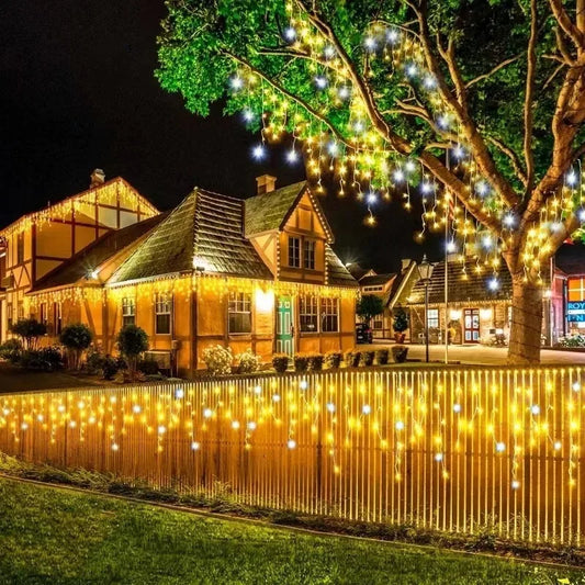 Decorações de natal festão cortina de sincelo luzes led ao ar livre branco quente com flash branco luz de fadas fio claro ano novo 2025