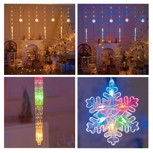 Cortina de luzes LED de Natal, flocos de neve e padrões de sincelo, luzes de corda de fadas a pilhas adequadas para festa em casa