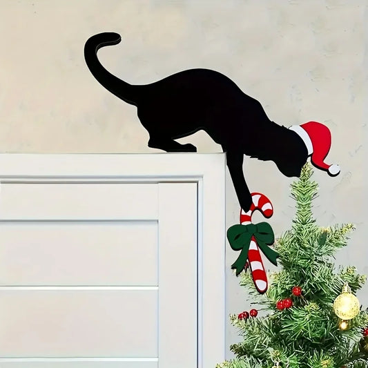 Diversão encantadora decoração de canto de porta de Natal em forma de gato - imitação de madeira rústica, perfeita para atmosfera de férias