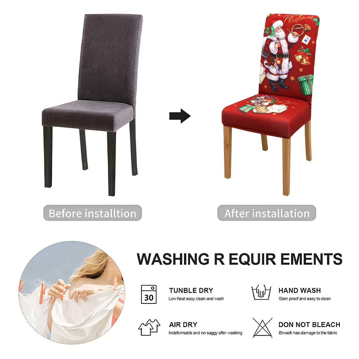 4/5/6 pcs Festive Red Santa Claus Print Christmas Chair Covers with Gift Bells - Elastic Band Closure, Machine Washable, and Durable - Perfect for Dining Chairs, Home Decor, and Holiday Season Celebrations