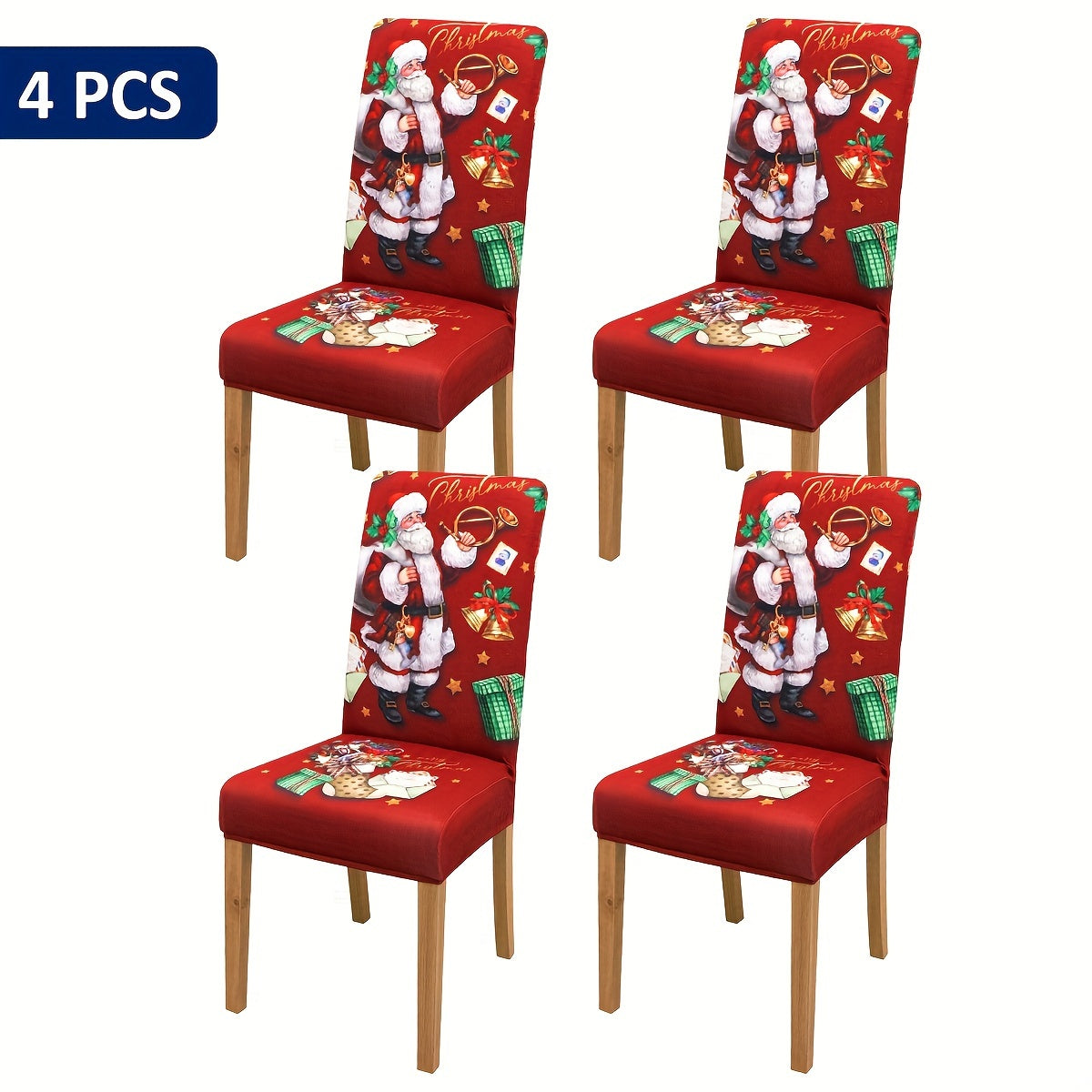 4/5/6 pcs Festive Red Santa Claus Print Christmas Chair Covers with Gift Bells - Elastic Band Closure, Machine Washable, and Durable - Perfect for Dining Chairs, Home Decor, and Holiday Season Celebrations