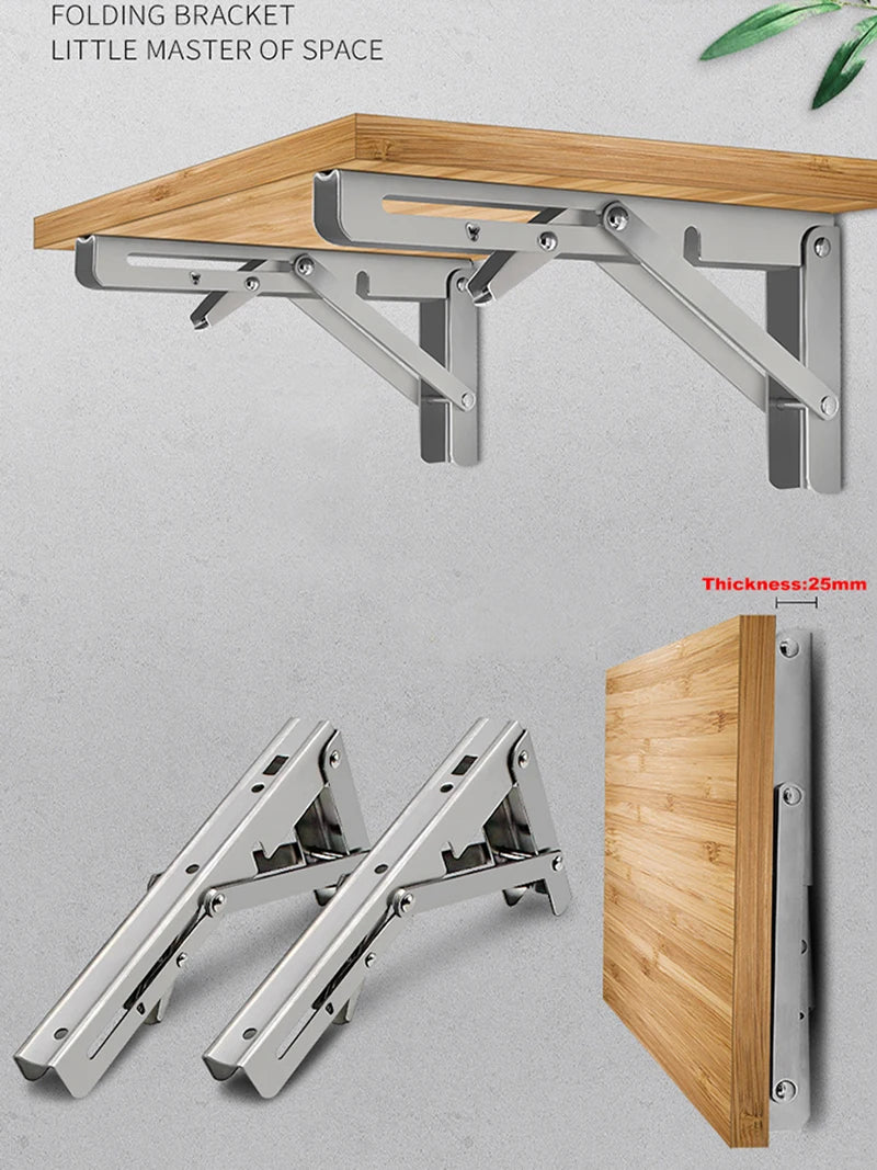 2 pçs suportes 8-20 polegada decorativo suporte de prateleira de parede 304 suporte triangular de aço inoxidável suporte de mesa dobrável