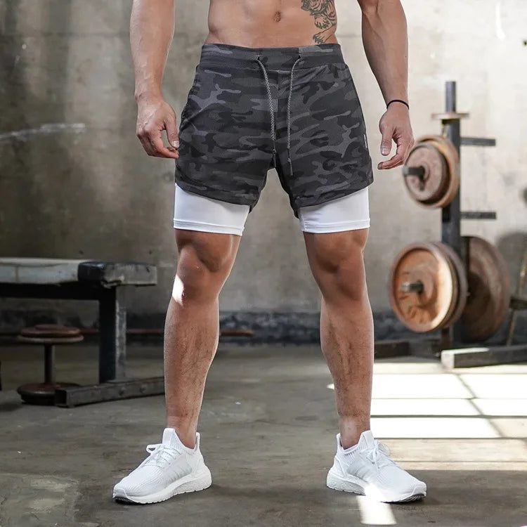 Camo correndo shorts dos homens ginásio esportes shorts 2 em 1 secagem rápida treino treinamento ginásio de fitness jogging calças curtas verão shorts