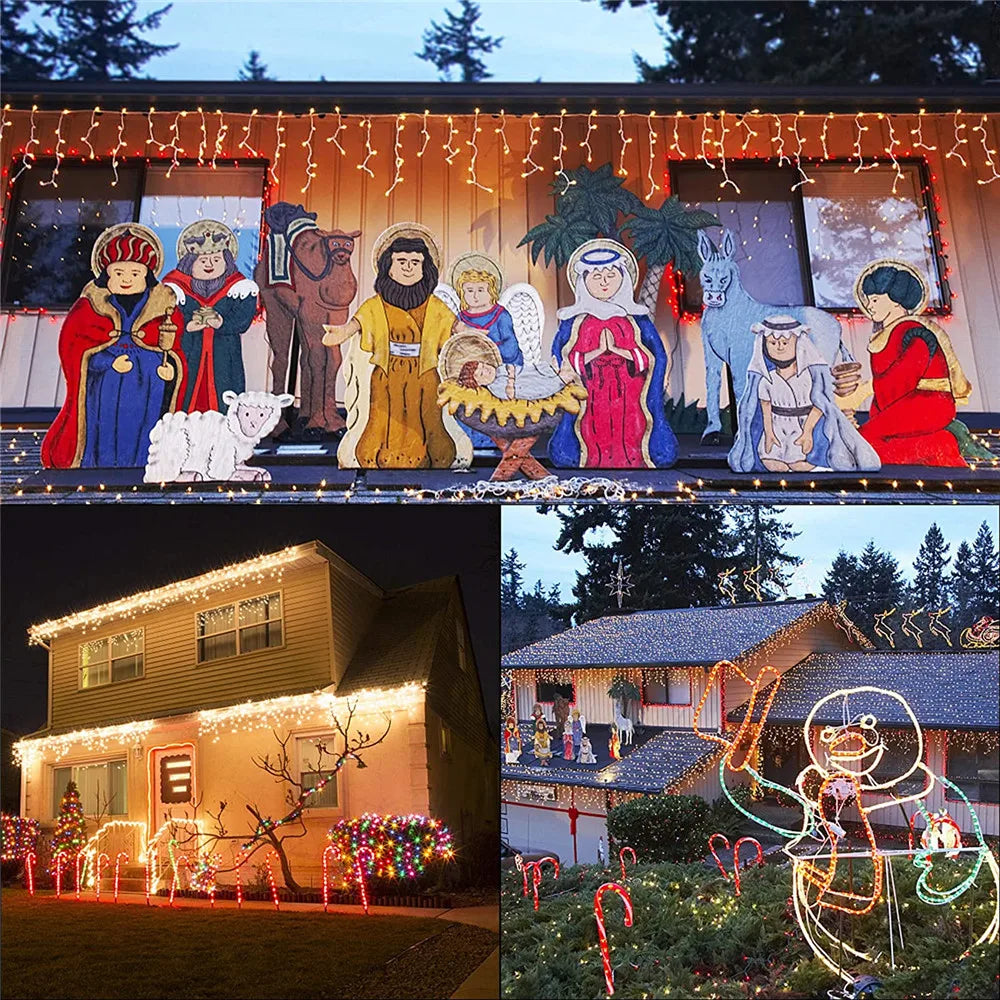 Decoração de Natal 2025 Garland de rua na casa Led Icicle Luzes Outdoor Festoon Cortina Garland 3/4M EU Plug Waterproof Connecter Para Ano Novo / Casamento / Festa / Natal / Garden Decor