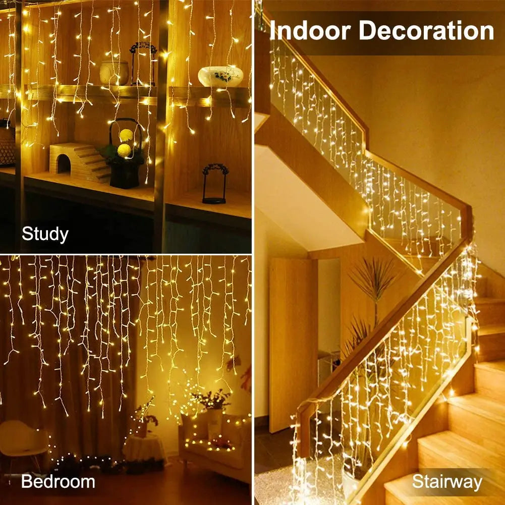 Decoração de Natal 2025 Garland de rua na casa Led Icicle Luzes Outdoor Festoon Cortina Garland 3/4M EU Plug Waterproof Connecter Para Ano Novo / Casamento / Festa / Natal / Garden Decor