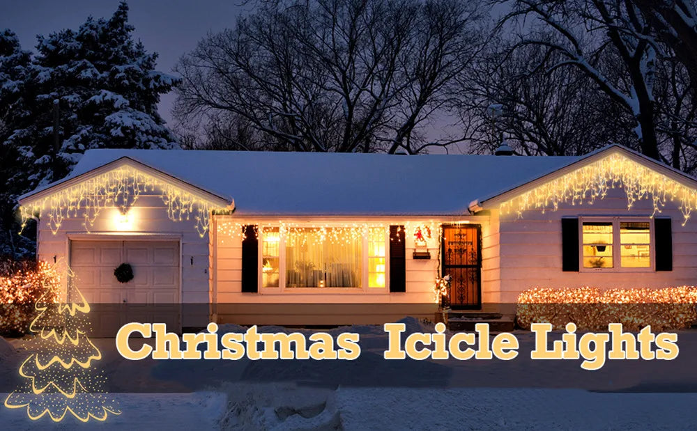 Decoração de Natal 2025 Garland de rua na casa Led Icicle Luzes Outdoor Festoon Cortina Garland 3/4M EU Plug Waterproof Connecter Para Ano Novo / Casamento / Festa / Natal / Garden Decor