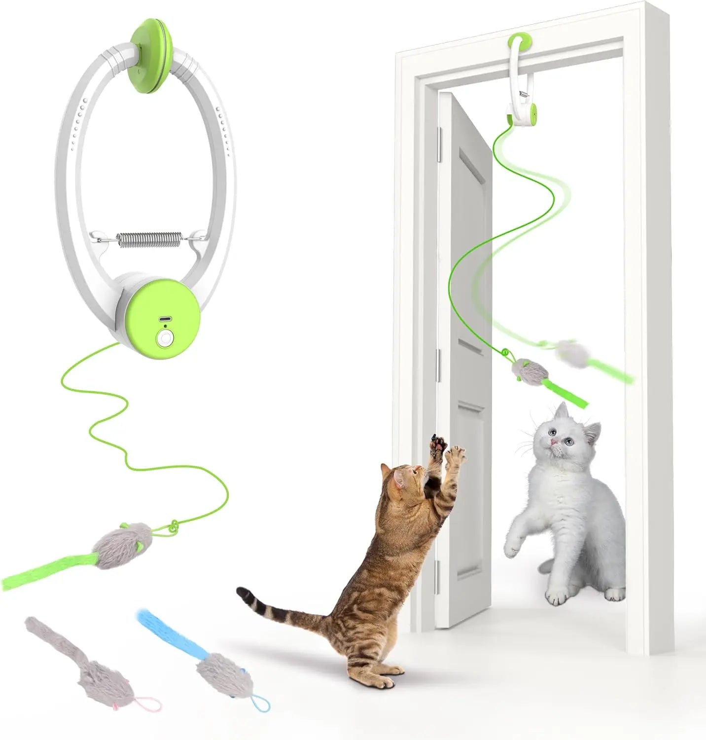 Brinquedos interativos para gatos internos, brinquedo retrátil para pendurar na porta recarregável USB inteligente, com 3 ratos de catnip, para gato entediado
