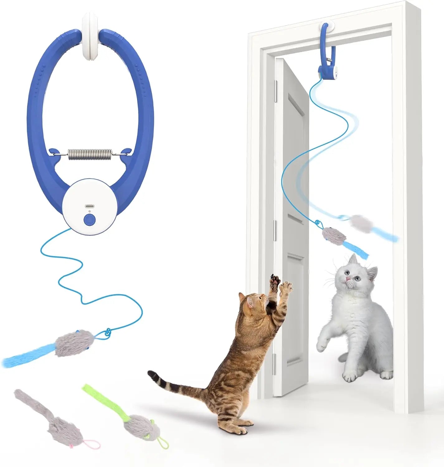 Brinquedos interativos para gatos internos, brinquedo retrátil para pendurar na porta recarregável USB inteligente, com 3 ratos de catnip, para gato entediado