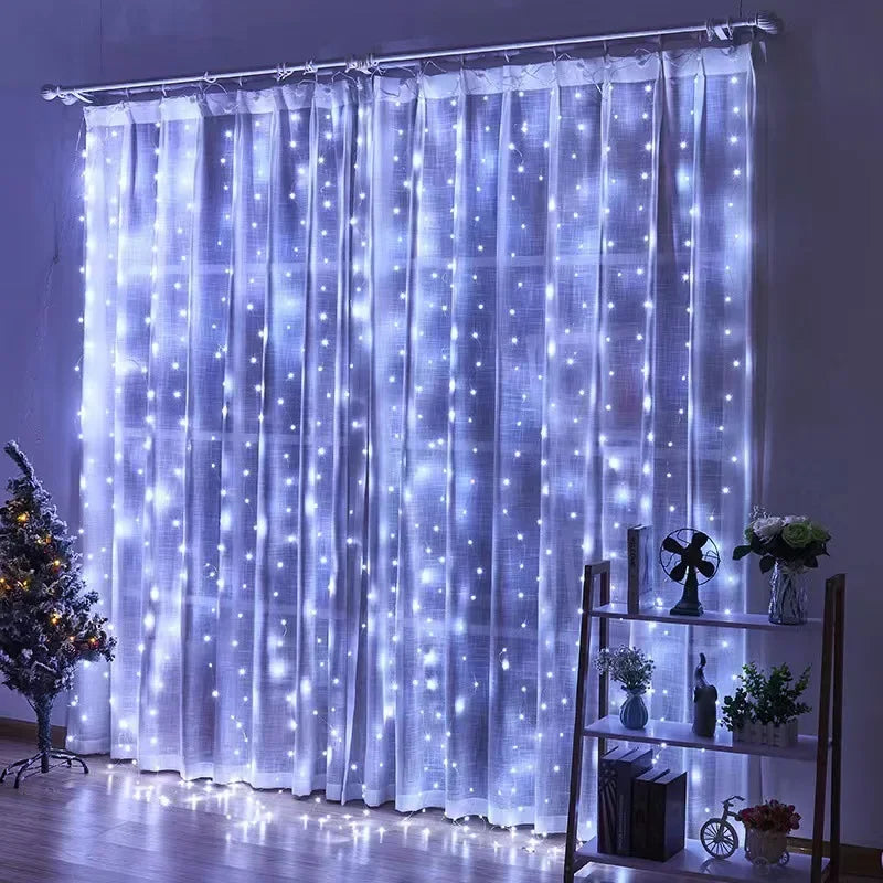 Cortinas de luzes de natal para janelas led fada ano novo iluminação sala corda alimentado por bateria guirlanda cachoeiras decorações
