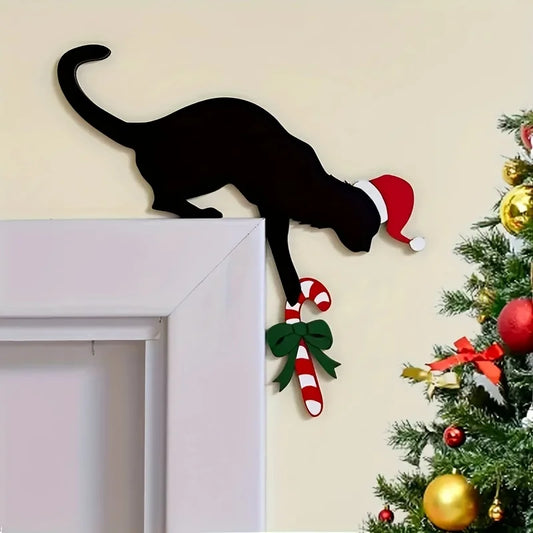 Diversão encantadora decoração de canto de porta de Natal em forma de gato - imitação de madeira rústica, perfeita para atmosfera de férias