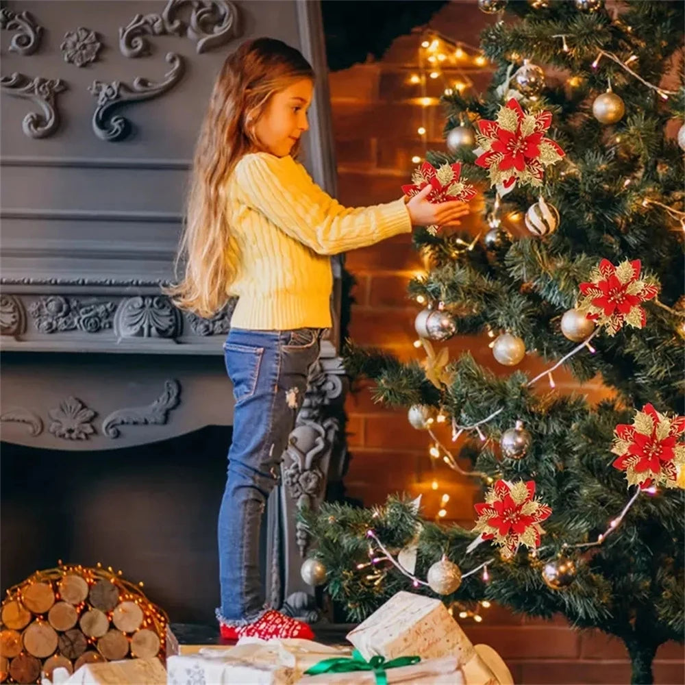 5/10 pçs 14.5cm ornamentos de flores de natal, rosa, vermelho, ouro, glitter flores artificiais para árvore de natal, decoração de natal para casa