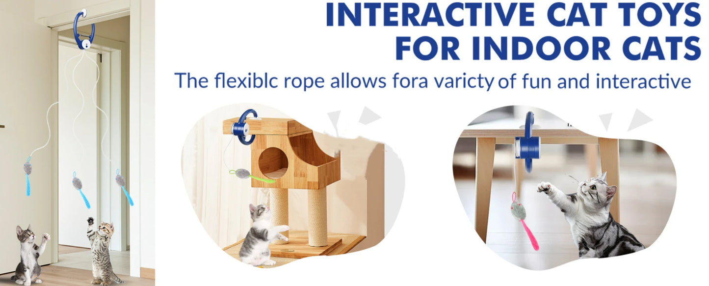 Brinquedos interativos para gatos internos, brinquedo retrátil para pendurar na porta recarregável USB inteligente, com 3 ratos de catnip, para gato entediado