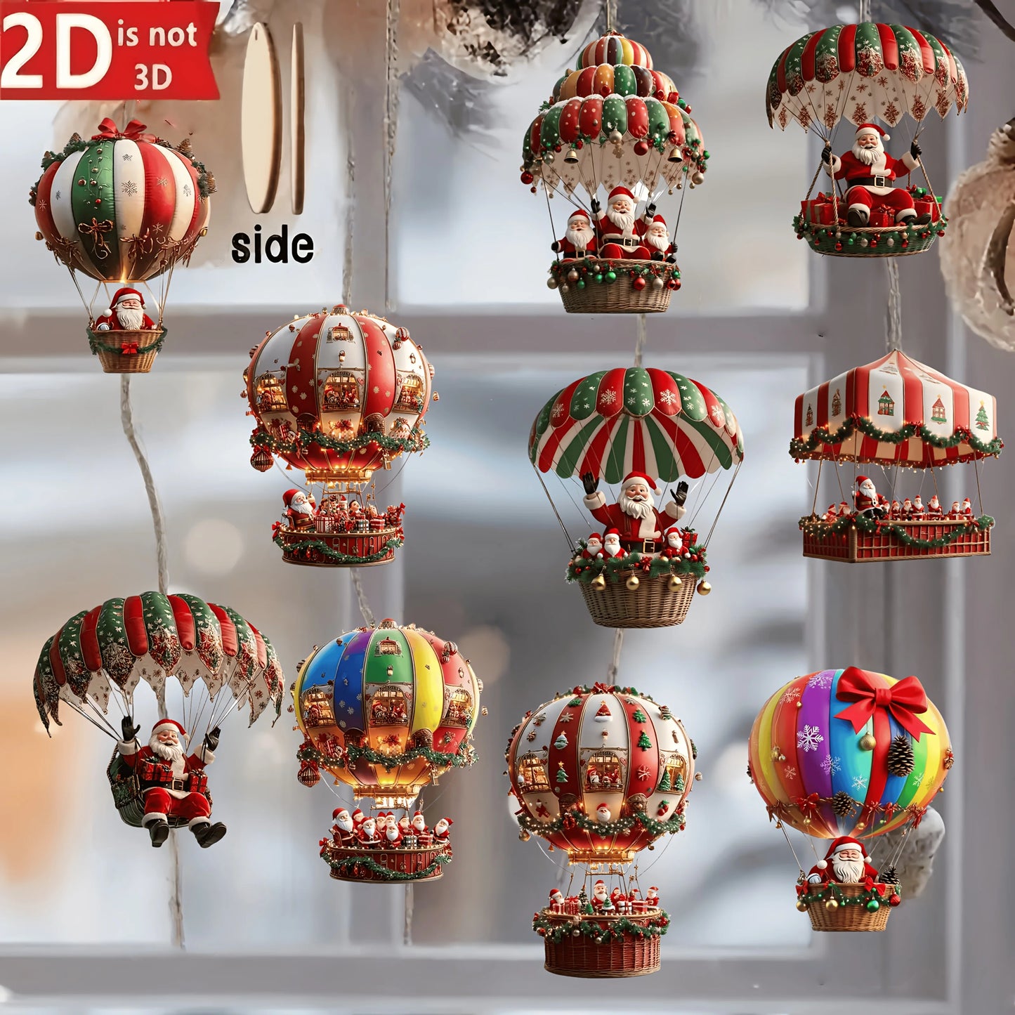 10pçs balão de ar quente de madeira de natal papai noel 2d pingente de madeira plano decoração de árvore de natal decoração de presente de feriado perfeito