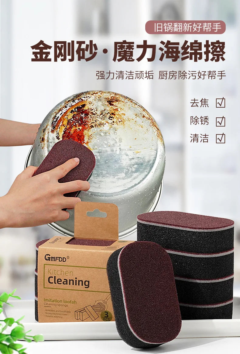 Esponja mágica potência engrossar dupla face pratos escovas de limpeza cozinha limpar ferrugem escovação pote inferior preto mancha artefato