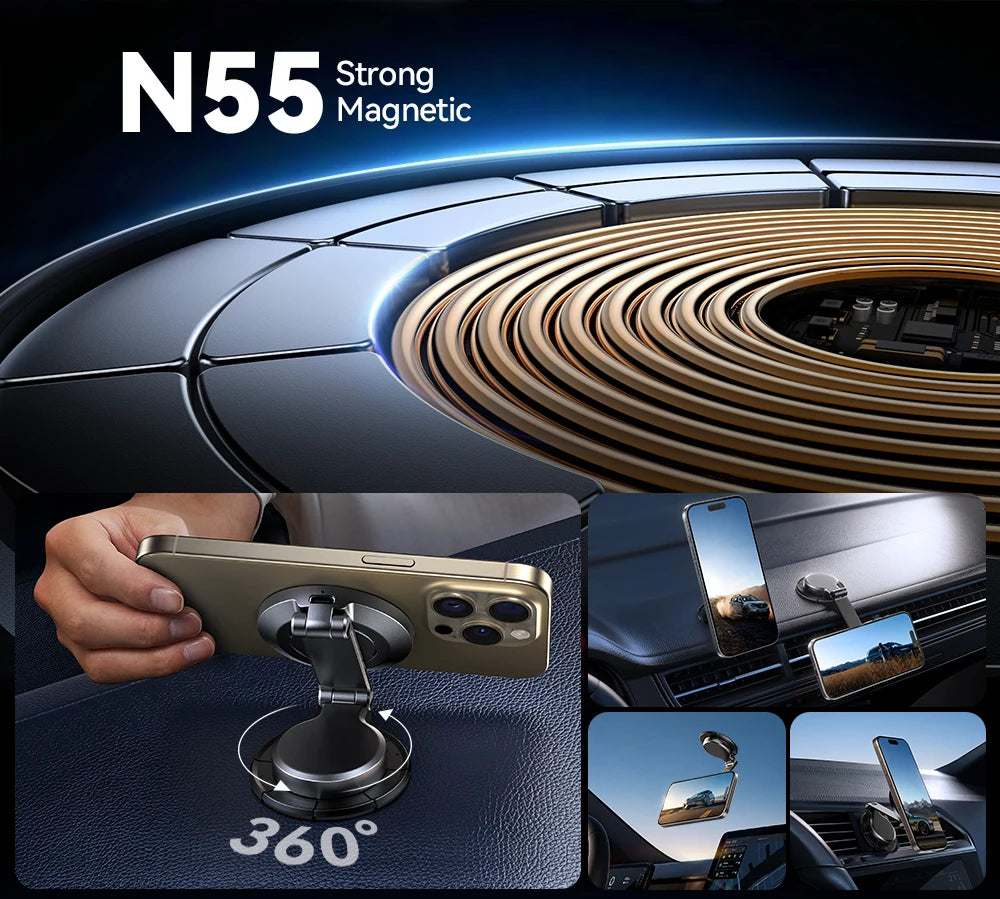 Joyroom Suporte magnético para carro N55 Ímã forte 15W Carregamento sem fio 360 °   Suporte dobrável para telefone com rotação Carregador rápido para carro JR-ZS408