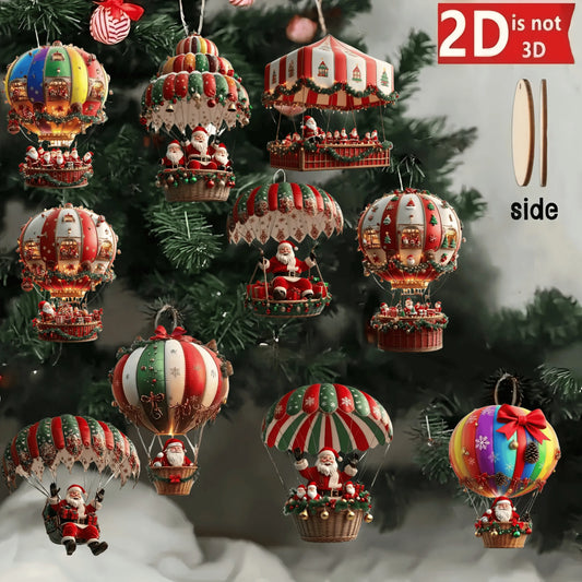 10pçs balão de ar quente de madeira de natal papai noel 2d pingente de madeira plano decoração de árvore de natal decoração de presente de feriado perfeito