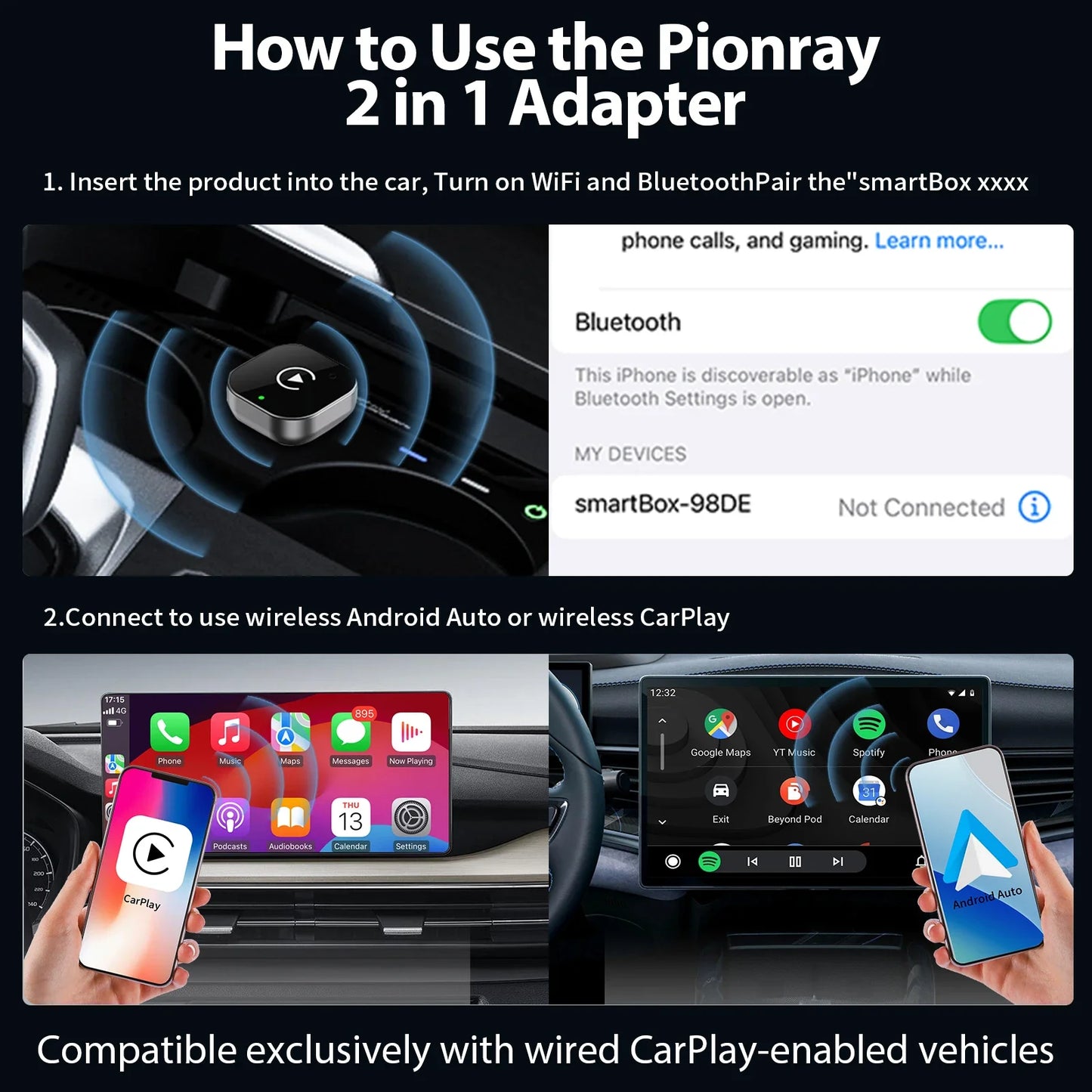 Novo 2026 pionray 2 em 1 adaptador carplay sem fio e adaptador sem fio android automático, 5ghz wifi tipo-c/usb plug play carplay sem fio