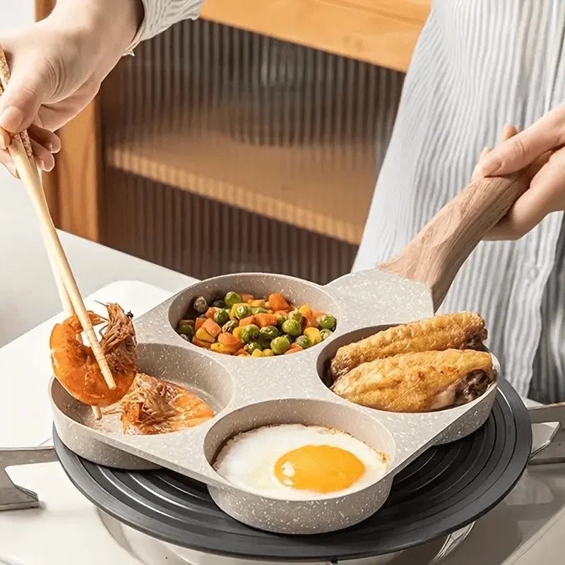 Frigideira antiaderente com vários compartimentos, alça de madeira para ovos de café da manhã, hambúrgueres, bife, calor uniforme, fácil limpeza, 1 peça