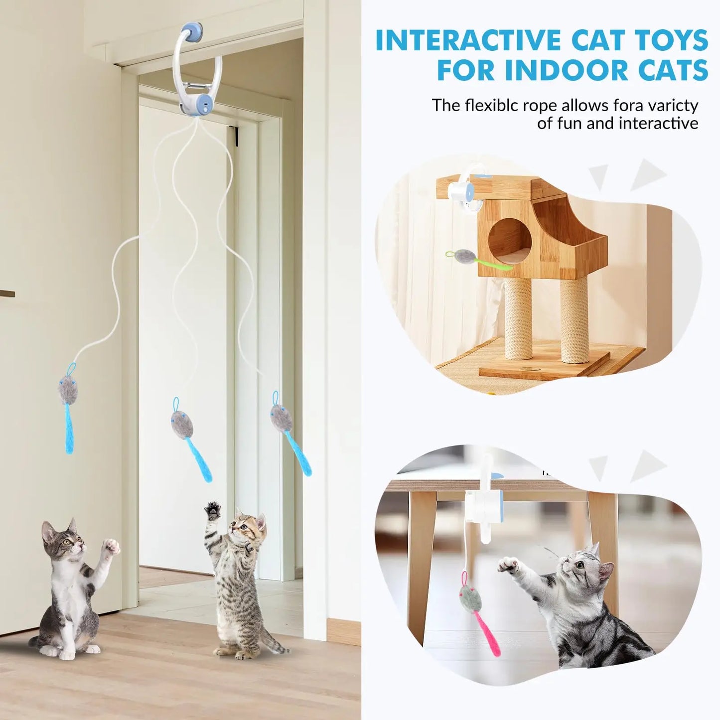 Brinquedos interativos para gatos internos, brinquedo retrátil para pendurar na porta recarregável USB inteligente, com 3 ratos de catnip, para gato entediado