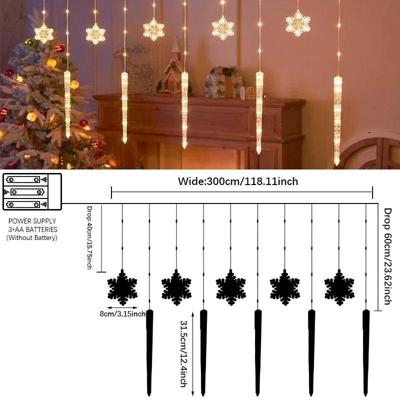 Cortina de luzes LED de Natal, flocos de neve e padrões de sincelo, luzes de corda de fadas a pilhas adequadas para festa em casa