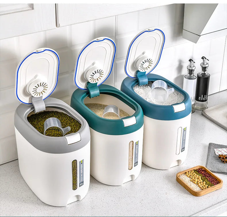 Balde de arroz de pressão doméstico selado à prova de umidade farinha de grãos lã para animais de estimação comida para cães lata de armazenamento de alimentos