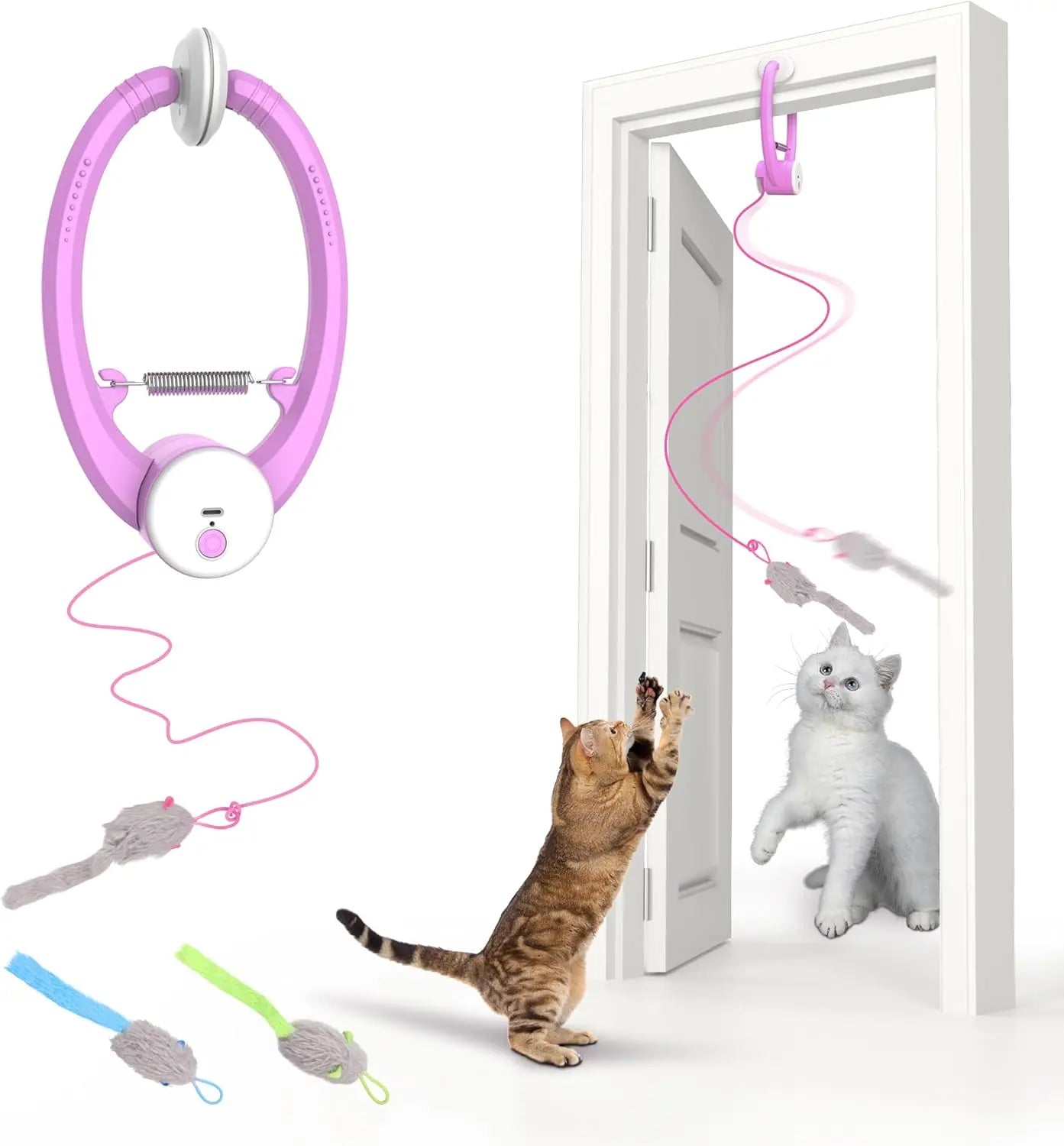 Brinquedos interativos para gatos internos, brinquedo retrátil para pendurar na porta recarregável USB inteligente, com 3 ratos de catnip, para gato entediado