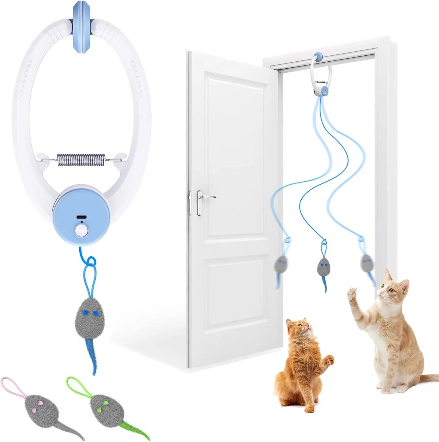 Brinquedos interativos para gatos internos, brinquedo retrátil para pendurar na porta recarregável USB inteligente, com 3 ratos de catnip, para gato entediado