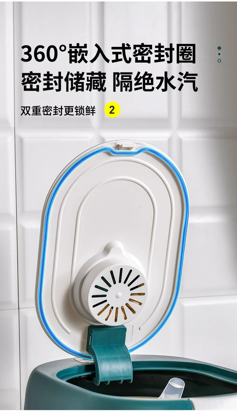 Balde de arroz de pressão doméstico selado à prova de umidade farinha de grãos lã para animais de estimação comida para cães lata de armazenamento de alimentos