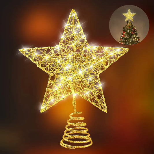 Árvore de natal pentagrama decoração requintado ferro glitter em pó decoração da árvore de natal topo led estrela iluminação adereços