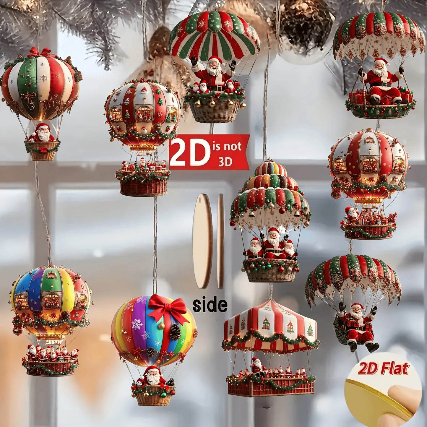 10pçs balão de ar quente de madeira de natal papai noel 2d pingente de madeira plano decoração de árvore de natal decoração de presente de feriado perfeito
