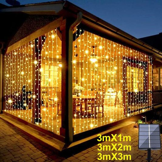 Solar led cortina de luz ao ar livre guirlanda solar fada luz da corda pavilhão jardim festa feriado decoração natal lâmpadas fio cobre