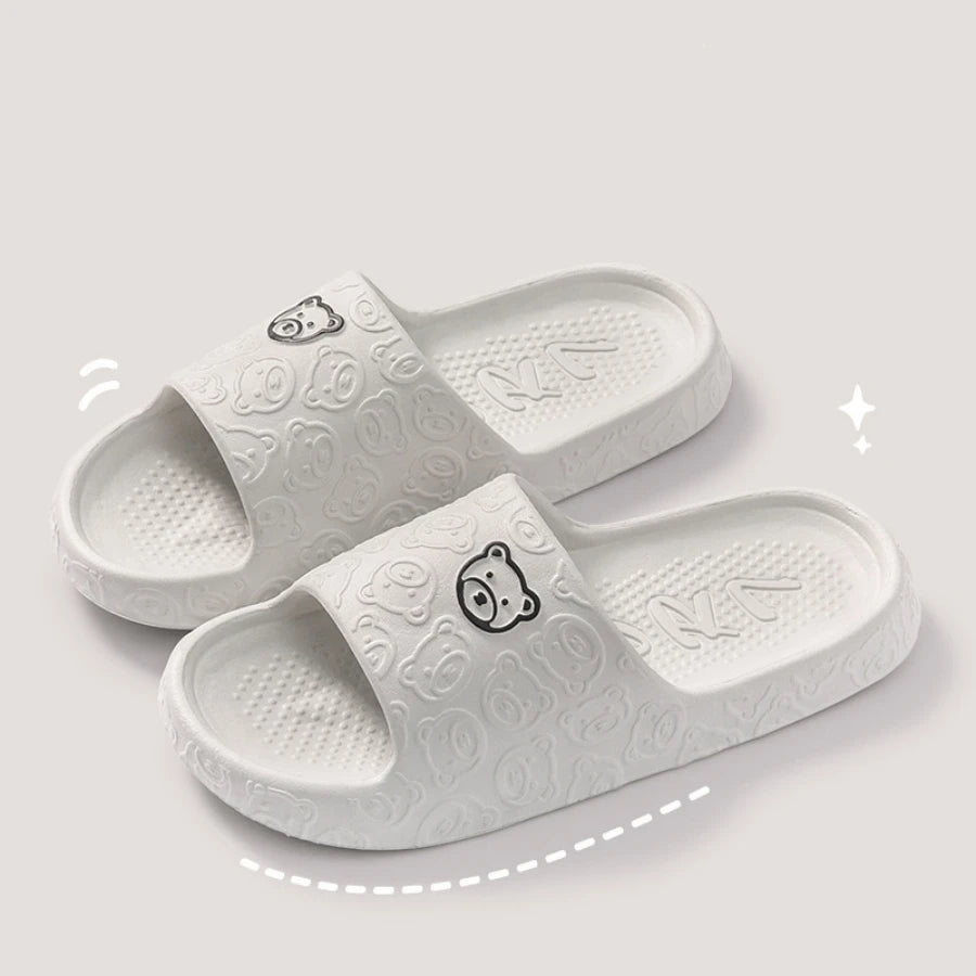 Moda feminina chinelos interior sola macia dos desenhos animados urso impressão slides banheiro eva interior masculino verão ao ar livre sapatos frescos casal