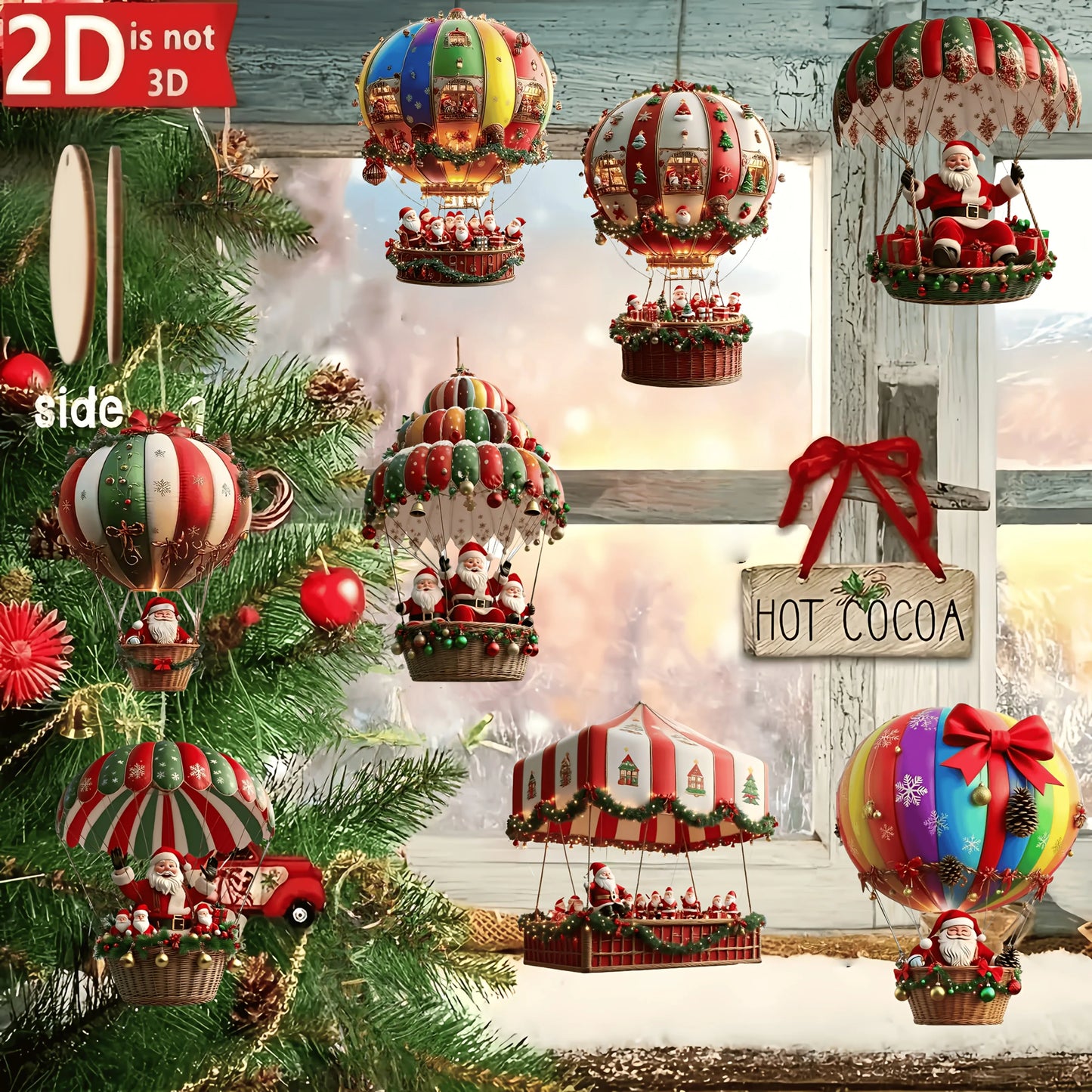 10pçs balão de ar quente de madeira de natal papai noel 2d pingente de madeira plano decoração de árvore de natal decoração de presente de feriado perfeito
