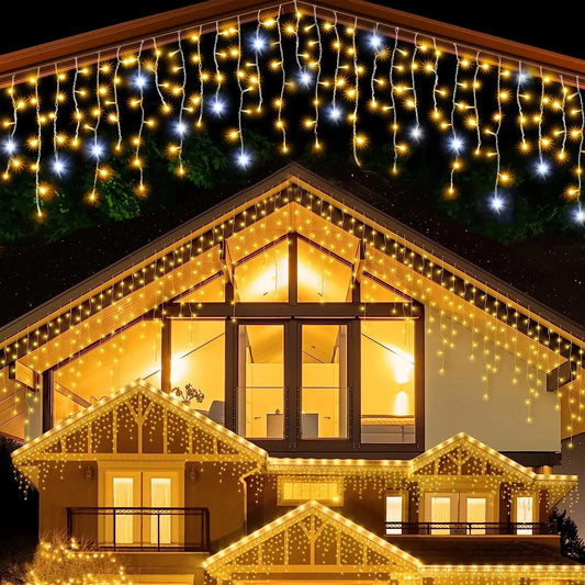 Decorações de natal festão cortina de sincelo luzes led ao ar livre branco quente com flash branco luz de fadas fio claro ano novo 2025
