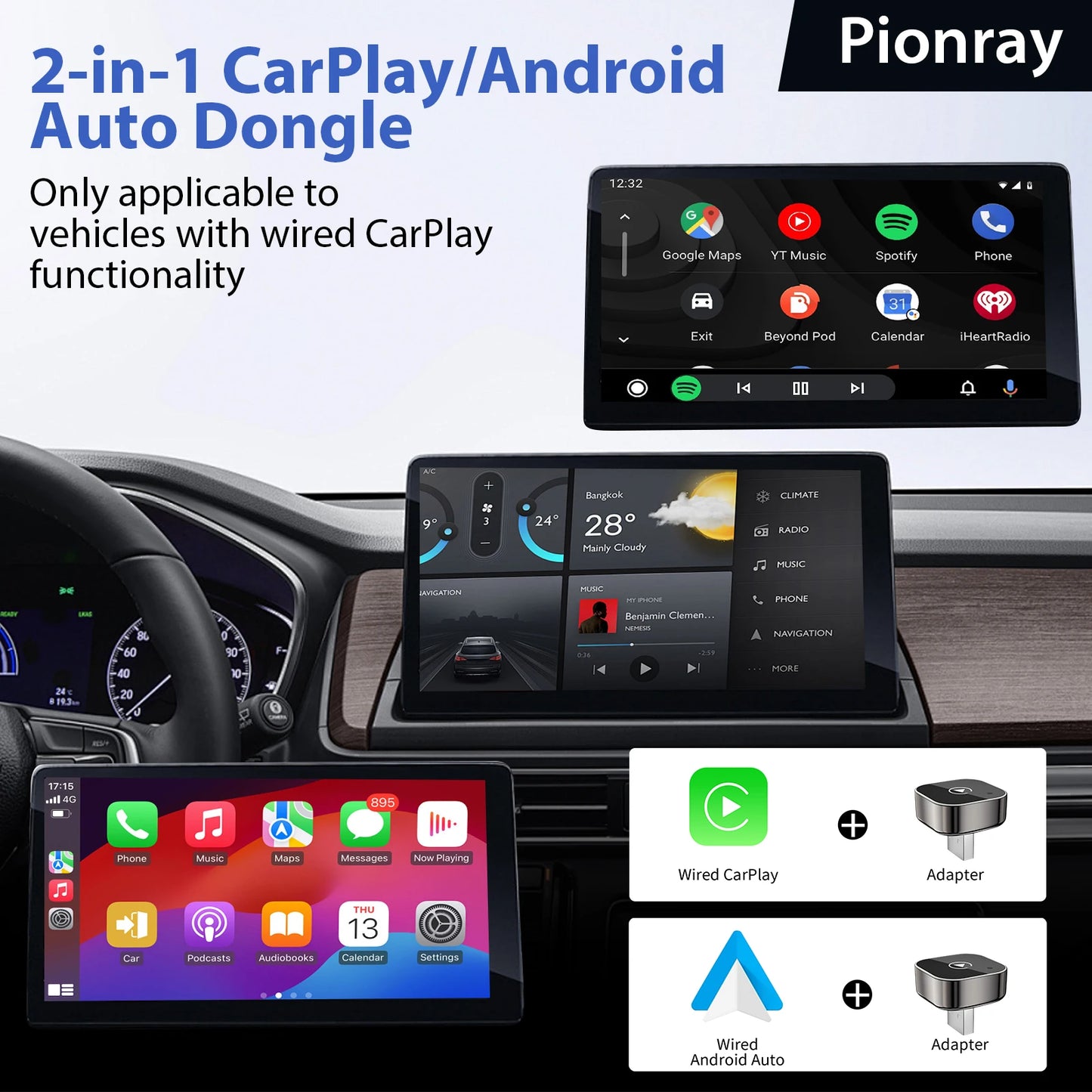 Novo 2026 pionray 2 em 1 adaptador carplay sem fio e adaptador sem fio android automático, 5ghz wifi tipo-c/usb plug play carplay sem fio