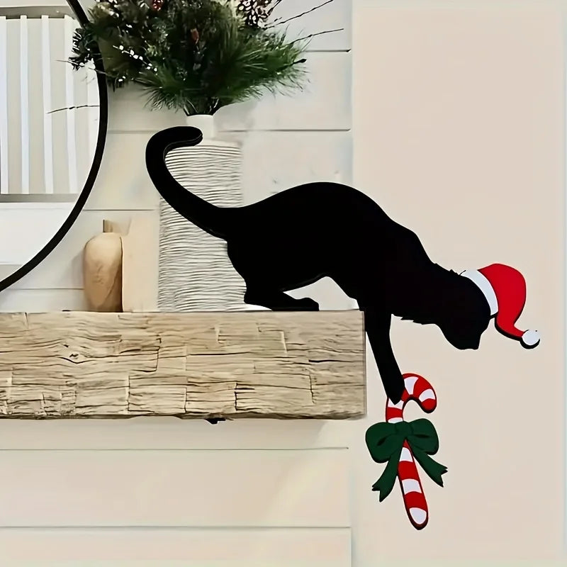 Diversão encantadora decoração de canto de porta de Natal em forma de gato - imitação de madeira rústica, perfeita para atmosfera de férias