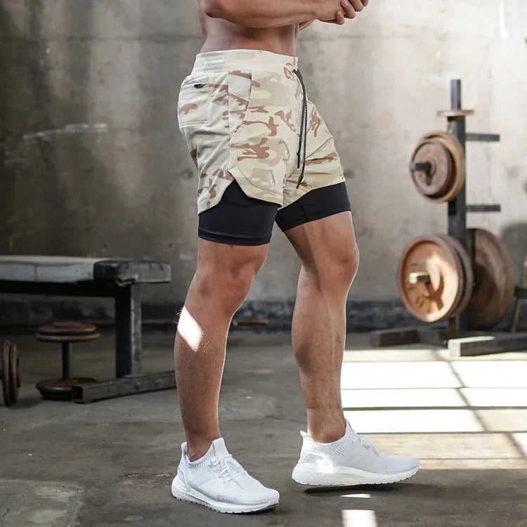 Camo correndo shorts dos homens ginásio esportes shorts 2 em 1 secagem rápida treino treinamento ginásio de fitness jogging calças curtas verão shorts