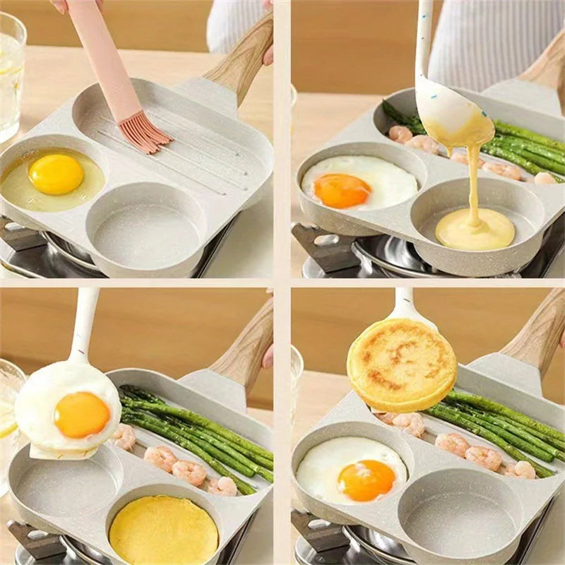 Frigideira antiaderente com vários compartimentos, alça de madeira para ovos de café da manhã, hambúrgueres, bife, calor uniforme, fácil limpeza, 1 peça