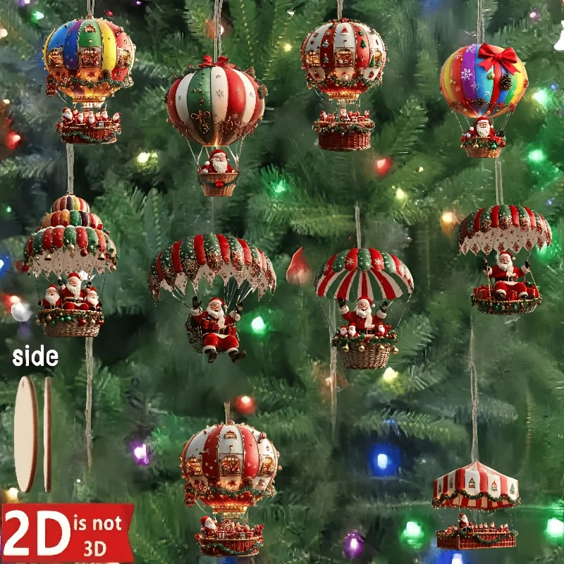 10pçs balão de ar quente de madeira de natal papai noel 2d pingente de madeira plano decoração de árvore de natal decoração de presente de feriado perfeito