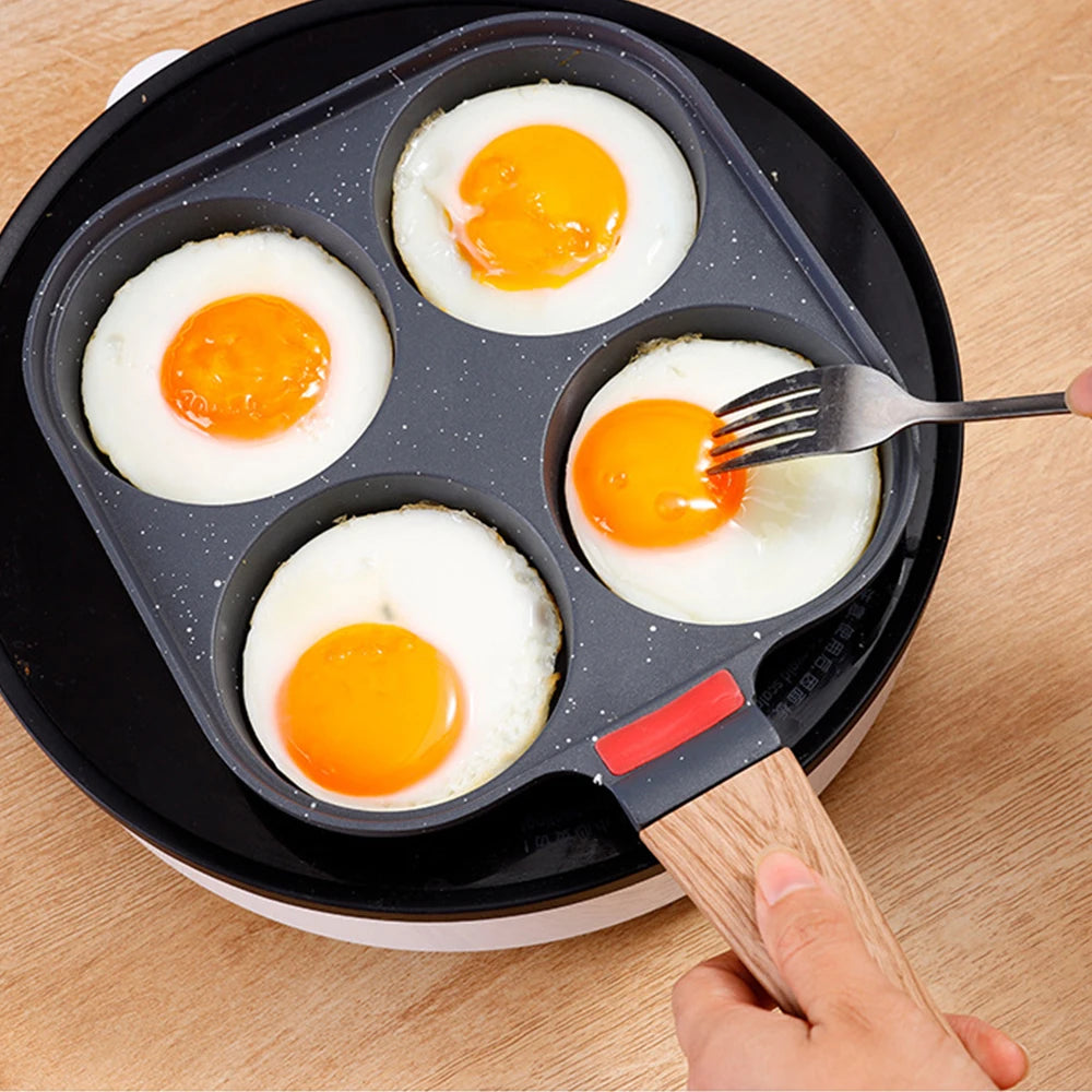 Frigideira de ovo antiaderente 4-Cup com tampa flip, Fogão De Panqueca De Alumínio, Espátula e Escova, Hambúrgueres, Panela De Omelete