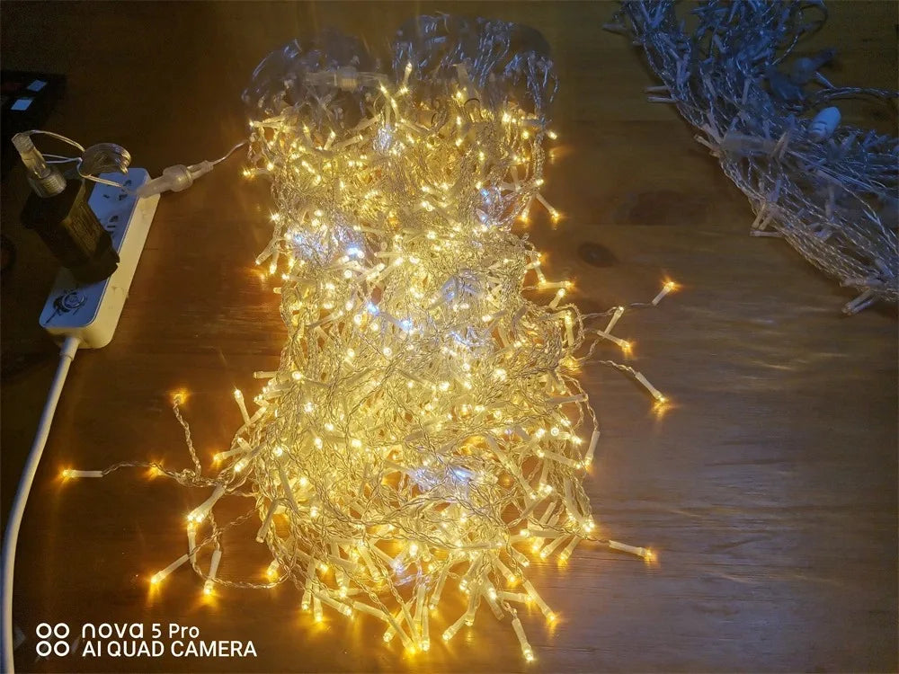 Decorações de natal festão cortina de sincelo luzes led ao ar livre branco quente com flash branco luz de fadas fio claro ano novo 2025