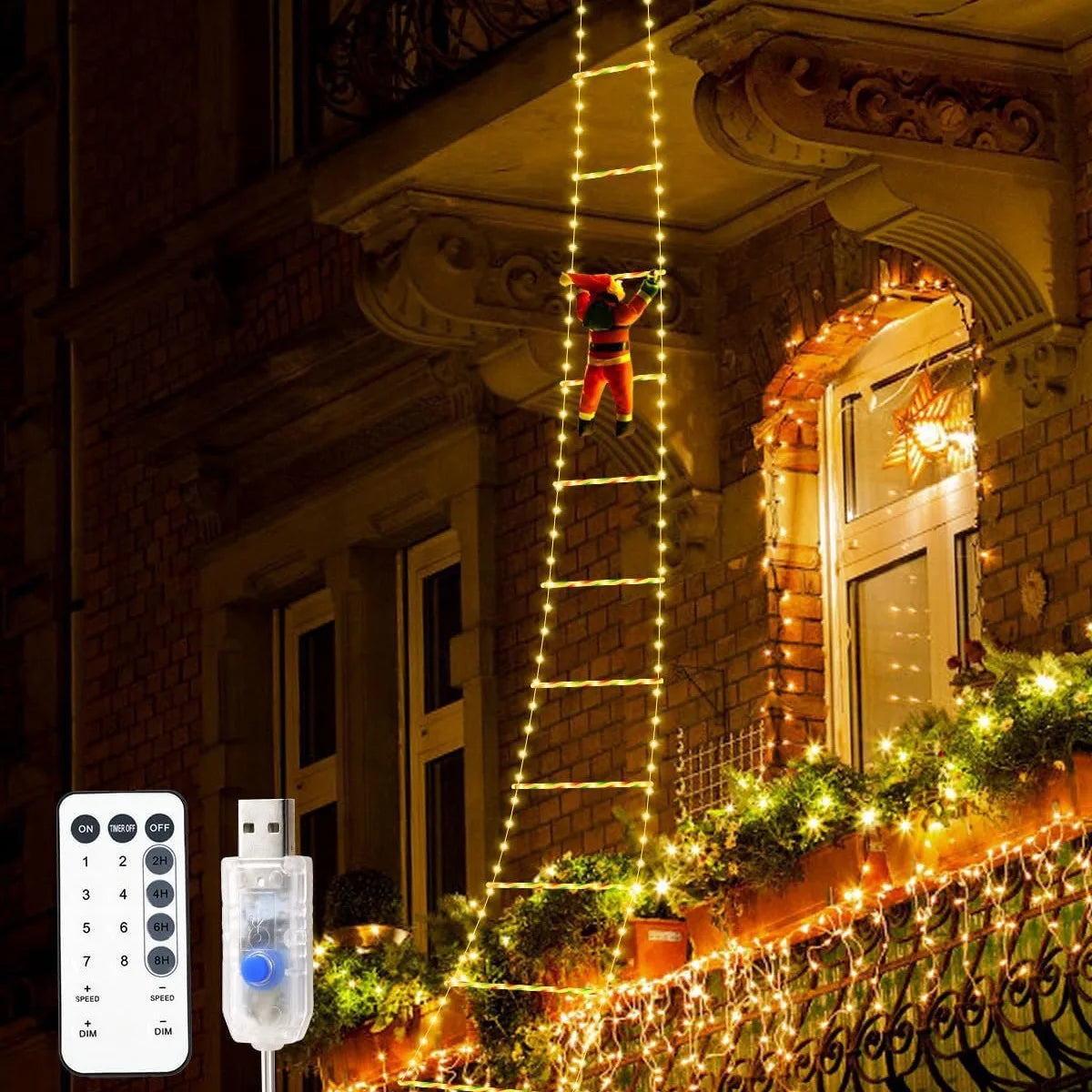 1.5/3m decoração de natal led papai noel escada de escalada luz usb plug 8 modos piscando adequado casa árvore de natal janela de parede