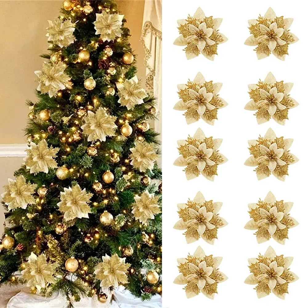 5/10 pçs 14.5cm ornamentos de flores de natal, rosa, vermelho, ouro, glitter flores artificiais para árvore de natal, decoração de natal para casa