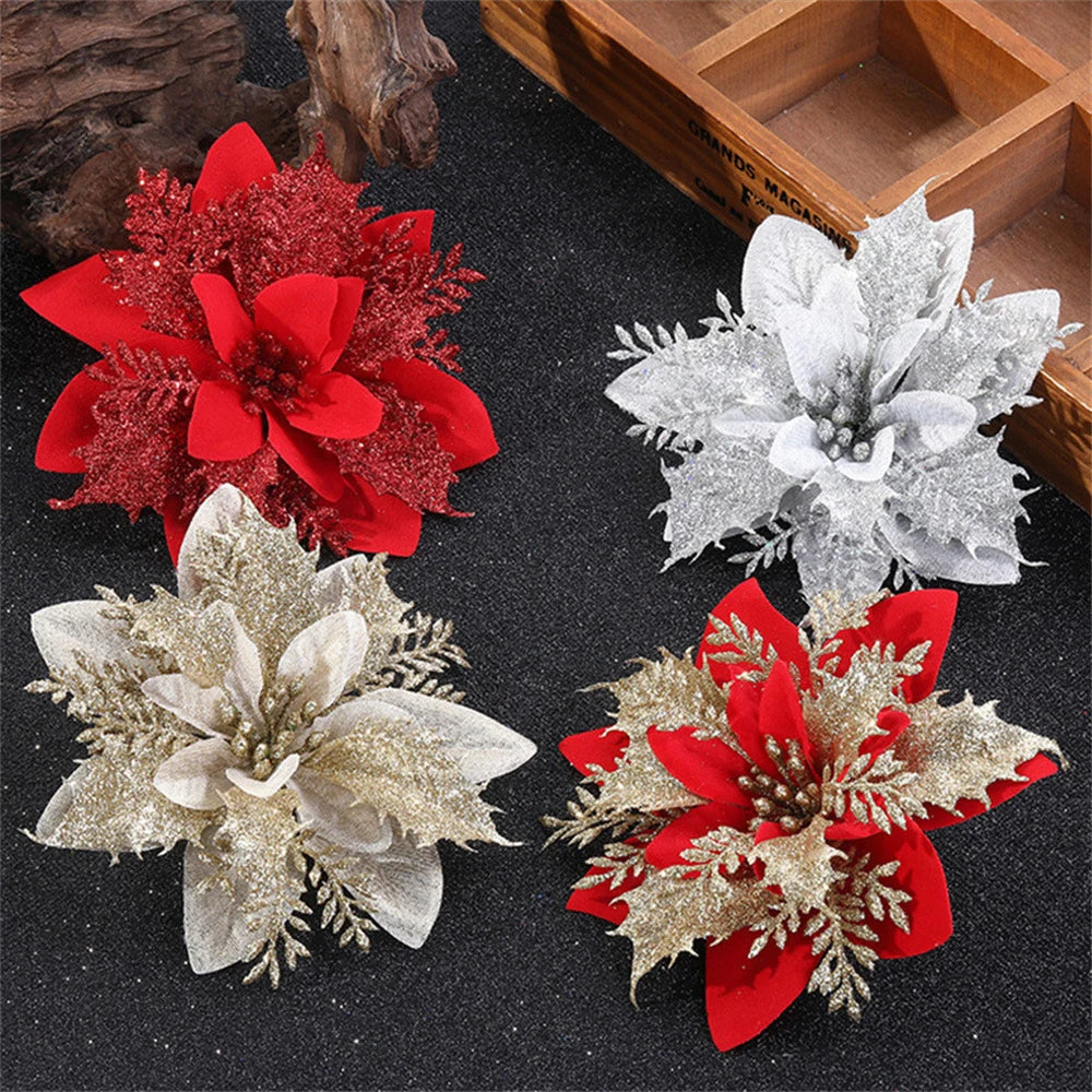 5/10 pçs 14.5cm ornamentos de flores de natal, rosa, vermelho, ouro, glitter flores artificiais para árvore de natal, decoração de natal para casa