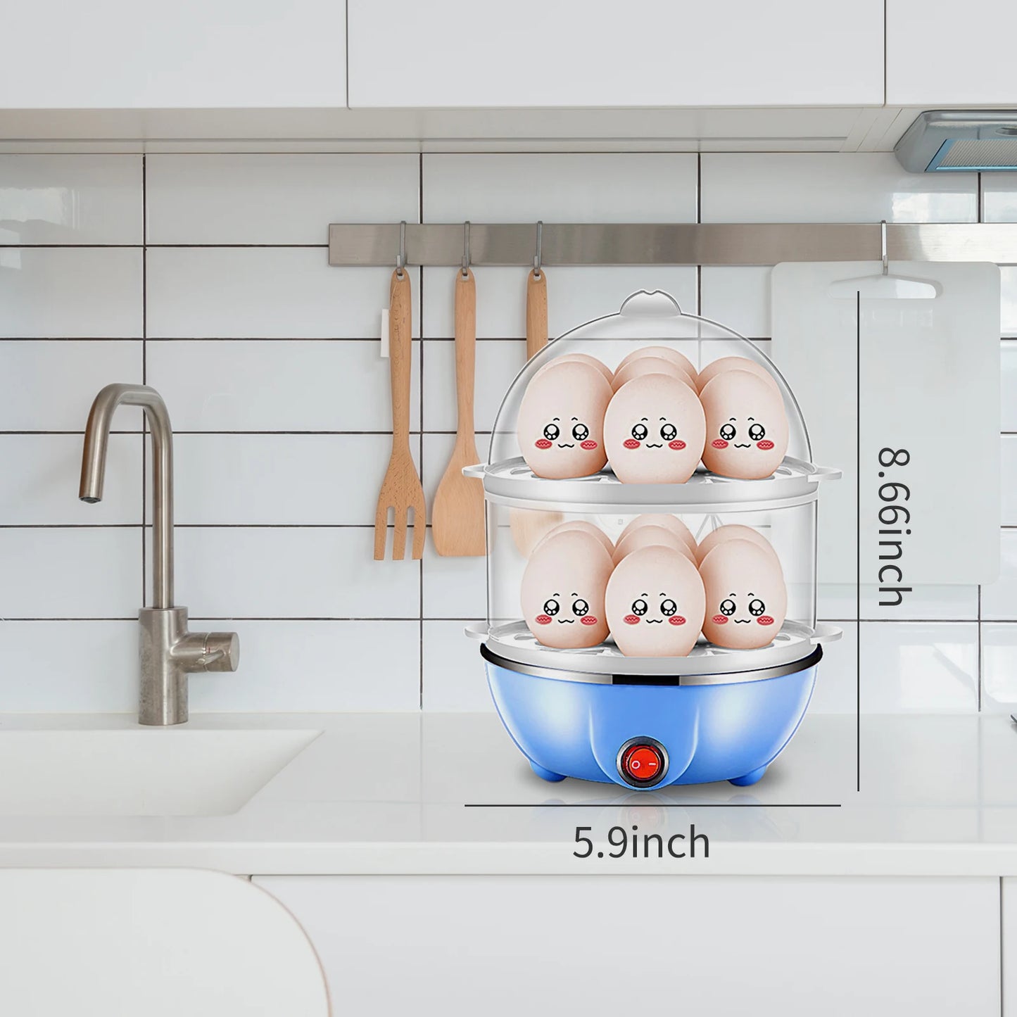 Panela de ovos de camada dupla, 14 ovos, capacidade, panela de ovos cozidos, anti-seco, elétrica, caldeira de ovos com copo de medição de vapor de 40ml