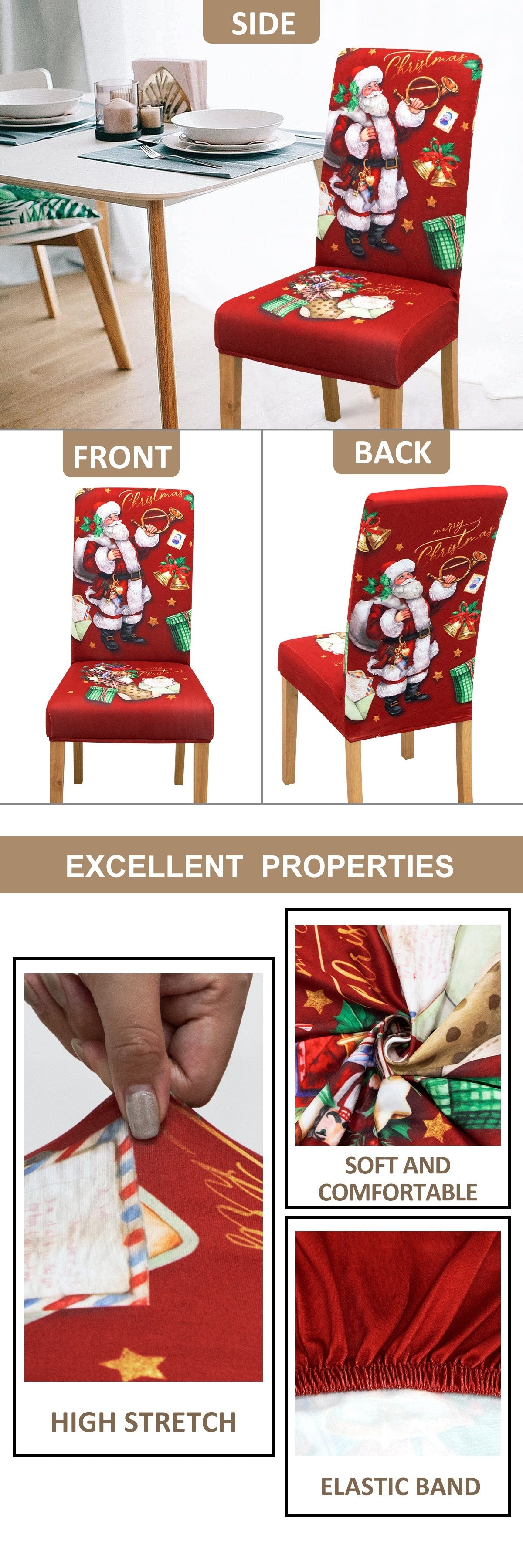 4/5/6 pcs Festive Red Santa Claus Print Christmas Chair Covers with Gift Bells - Elastic Band Closure, Machine Washable, and Durable - Perfect for Dining Chairs, Home Decor, and Holiday Season Celebrations