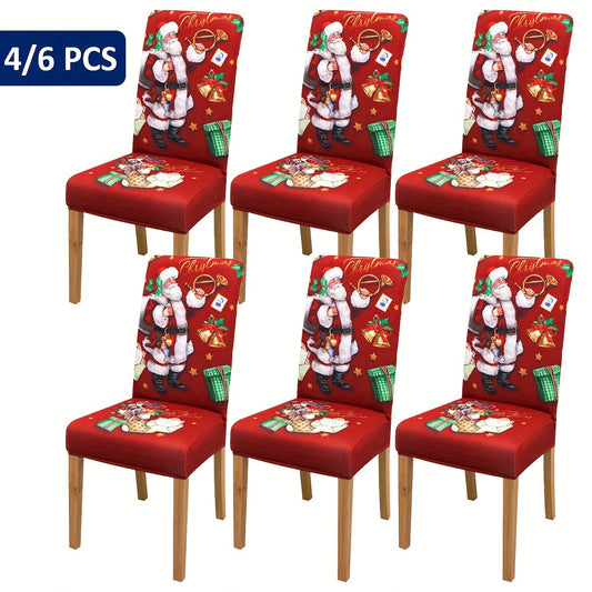 4/5/6 pcs Festive Red Santa Claus Print Christmas Chair Covers with Gift Bells - Elastic Band Closure, Machine Washable, and Durable - Perfect for Dining Chairs, Home Decor, and Holiday Season Celebrations